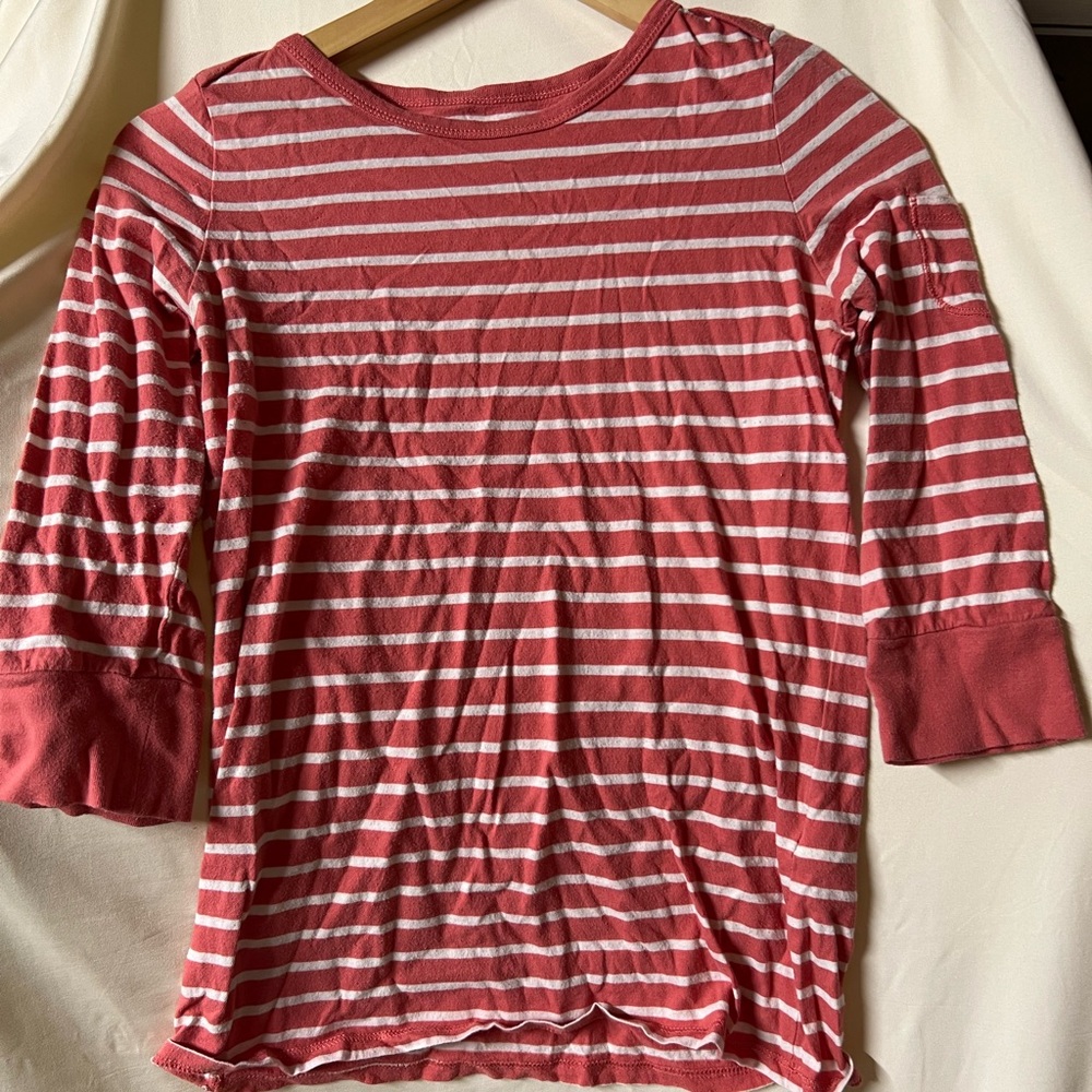 Lucky Brand Red and White Fitted Ribbed Long Sleeve Tee